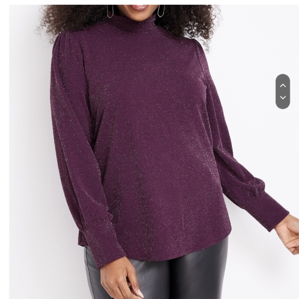 Maurices Purple Long Sleeve Blouse sparkle eggplant mock-turtleneck 1X metallic